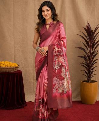 pink maroon chanderi cotton blend printed 1 minute ready to wear saree with unstitched blouse piece 2