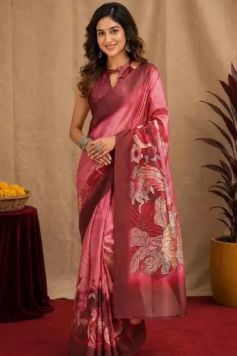  pink maroon chanderi cotton blend printed 1 minute ready to wear saree with unstitched blouse piece