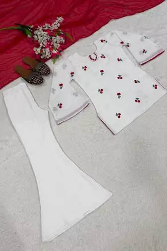 White cotton poly embroidered palazzo set