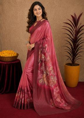  pink maroon chanderi cotton blend printed 1 minute ready to wear saree with unstitched blouse piece 3
