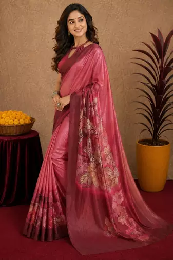  pink maroon chanderi cotton blend printed 1 minute ready to wear saree with unstitched blouse piece