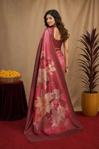  pink maroon chanderi cotton blend printed 1 minute ready to wear saree with unstitched blouse piece