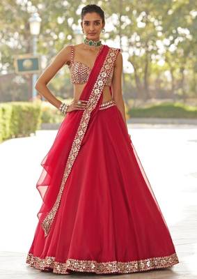 Red 5MM Sequins + Paper Mirror with Zari Embroidered Organza Silk Wedding Lehenga Choli 1