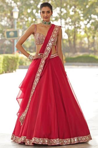 Red 5MM Sequins + Paper Mirror with Zari Embroidered Organza Silk Wedding Lehenga Choli