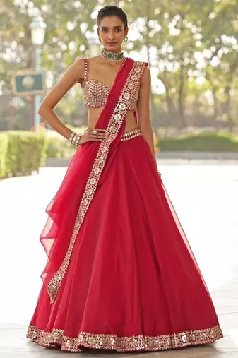 Red 5MM Sequins + Paper Mirror with Zari Embroidered Organza Silk Wedding Lehenga Choli