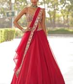 Red 5MM Sequins + Paper Mirror with Zari Embroidered Organza Silk Wedding Lehenga Choli