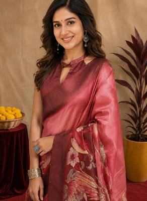  pink maroon chanderi cotton blend printed 1 minute ready to wear saree with unstitched blouse piece 5