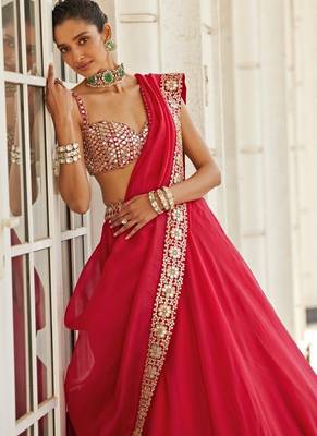 Red 5MM Sequins + Paper Mirror with Zari Embroidered Organza Silk Wedding Lehenga Choli 2