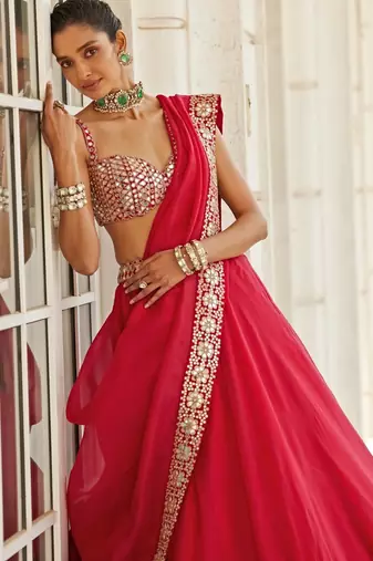 Red 5MM Sequins + Paper Mirror with Zari Embroidered Organza Silk Wedding Lehenga Choli
