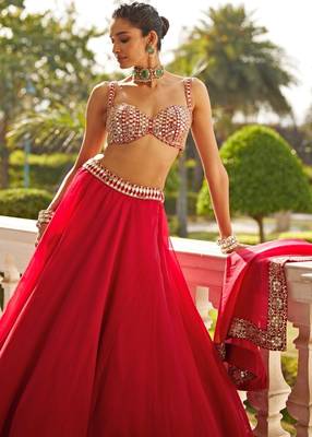 Red 5MM Sequins + Paper Mirror with Zari Embroidered Organza Silk Wedding Lehenga Choli 3