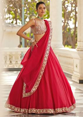 Red 5MM Sequins + Paper Mirror with Zari Embroidered Organza Silk Wedding Lehenga Choli 4