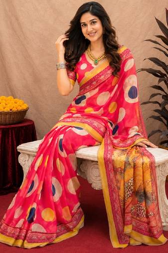  pink chanderi cotton blend printed work 1 minute ready to wear saree with unstitched blouse piece