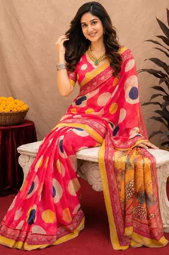  pink chanderi cotton blend printed work 1 minute ready to wear saree with unstitched blouse piece