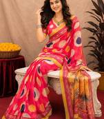  pink chanderi cotton blend printed work 1 minute ready to wear saree with unstitched blouse piece