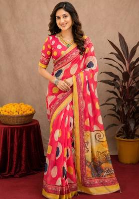  pink chanderi cotton blend printed work 1 minute ready to wear saree with unstitched blouse piece 2