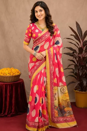 pink chanderi cotton blend printed work 1 minute ready to wear saree with unstitched blouse piece
