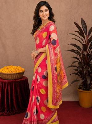  pink chanderi cotton blend printed work 1 minute ready to wear saree with unstitched blouse piece 3