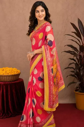  pink chanderi cotton blend printed work 1 minute ready to wear saree with unstitched blouse piece