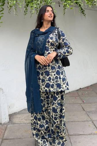 Navy-blue cotton poly printed farshi salwar set