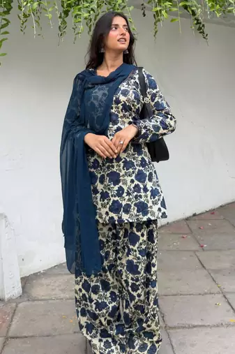 Navy-blue cotton poly printed farshi salwar set
