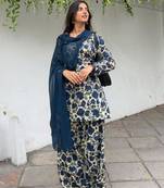 Navy-blue cotton poly printed farshi salwar set