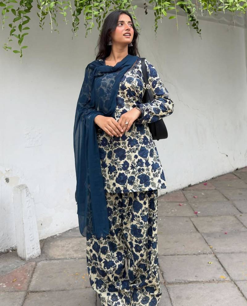 Navy-blue cotton poly printed farshi salwar set