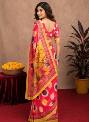  pink chanderi cotton blend printed work 1 minute ready to wear saree with unstitched blouse piece 4