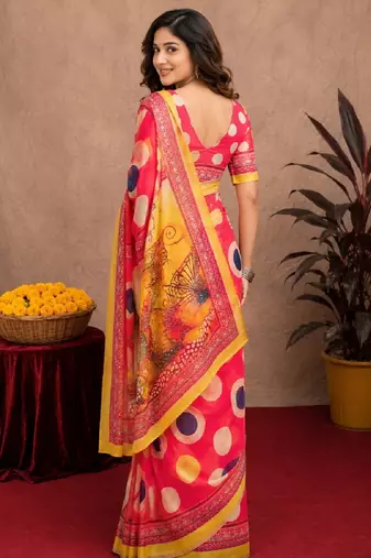  pink chanderi cotton blend printed work 1 minute ready to wear saree with unstitched blouse piece