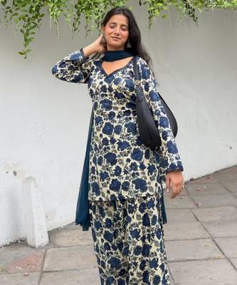 Navy-blue cotton poly printed farshi salwar set 2