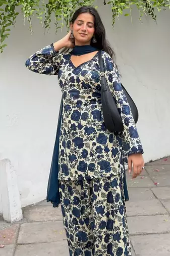Navy-blue cotton poly printed farshi salwar set