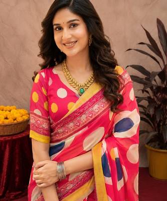  pink chanderi cotton blend printed work 1 minute ready to wear saree with unstitched blouse piece 5