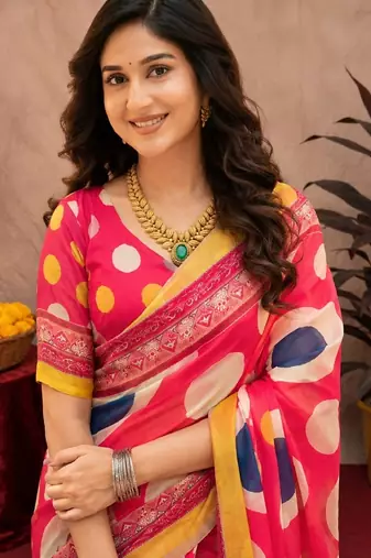  pink chanderi cotton blend printed work 1 minute ready to wear saree with unstitched blouse piece