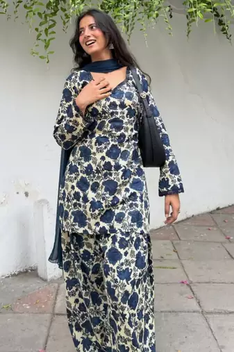 Navy-blue cotton poly printed farshi salwar set