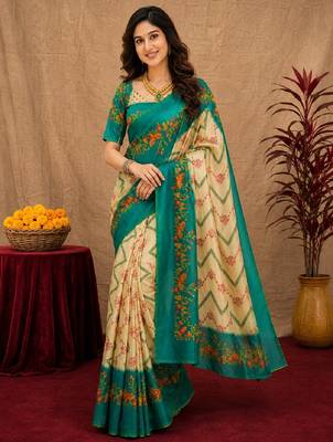  cream teal chanderi cotton blend printed  1 minute ready to wear saree with unstitched blouse piece 1