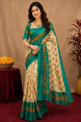  cream teal chanderi cotton blend printed  1 minute ready to wear saree with unstitched blouse piece