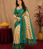  cream teal chanderi cotton blend printed  1 minute ready to wear saree with unstitched blouse piece