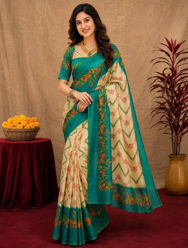  cream teal chanderi cotton blend printed  1 minute ready to wear saree with unstitched blouse piece