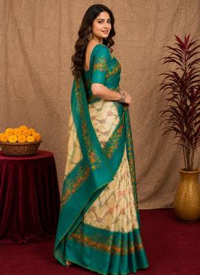  cream teal chanderi cotton blend printed  1 minute ready to wear saree with unstitched blouse piece 2