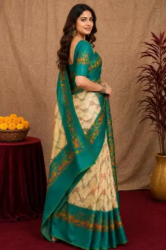  cream teal chanderi cotton blend printed  1 minute ready to wear saree with unstitched blouse piece