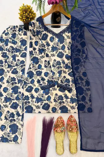 Navy-blue cotton poly printed farshi salwar set