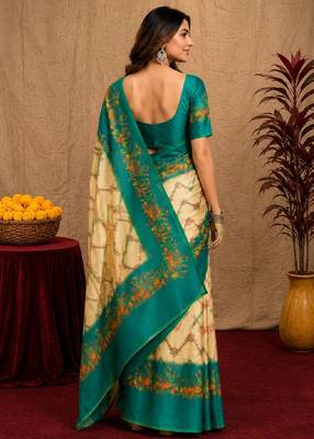  cream teal chanderi cotton blend printed  1 minute ready to wear saree with unstitched blouse piece 3