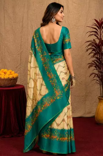  cream teal chanderi cotton blend printed  1 minute ready to wear saree with unstitched blouse piece