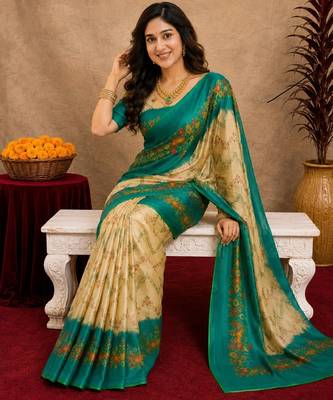  cream teal chanderi cotton blend printed  1 minute ready to wear saree with unstitched blouse piece 4