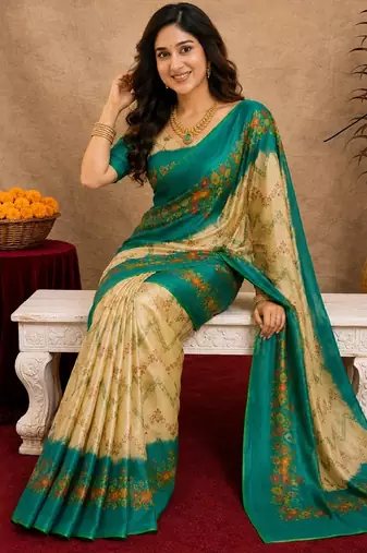  cream teal chanderi cotton blend printed  1 minute ready to wear saree with unstitched blouse piece