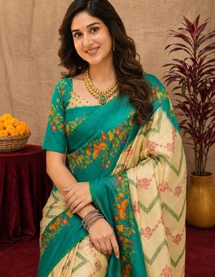  cream teal chanderi cotton blend printed  1 minute ready to wear saree with unstitched blouse piece 5