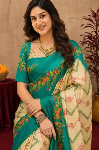  cream teal chanderi cotton blend printed  1 minute ready to wear saree with unstitched blouse piece