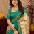  cream teal chanderi cotton blend printed  1 minute ready to wear saree with unstitched blouse piece