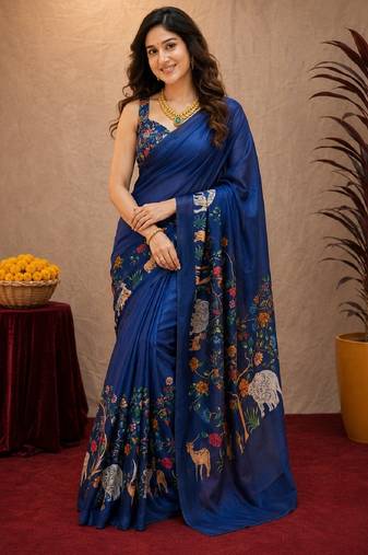  blue chanderi cotton blend printed work 1 minute ready to wear saree with unstitched blouse piece