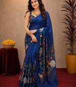  blue chanderi cotton blend printed work 1 minute ready to wear saree with unstitched blouse piece