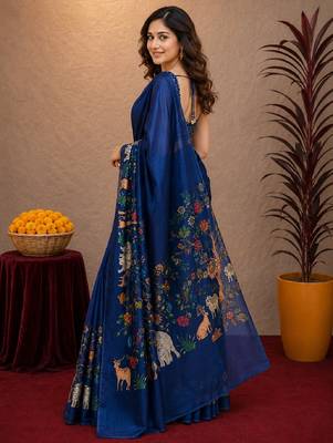  blue chanderi cotton blend printed work 1 minute ready to wear saree with unstitched blouse piece 2